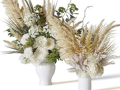 White Vases With White Flowers Green Leaves And Pampas Grass Natural Arrangement 3d model