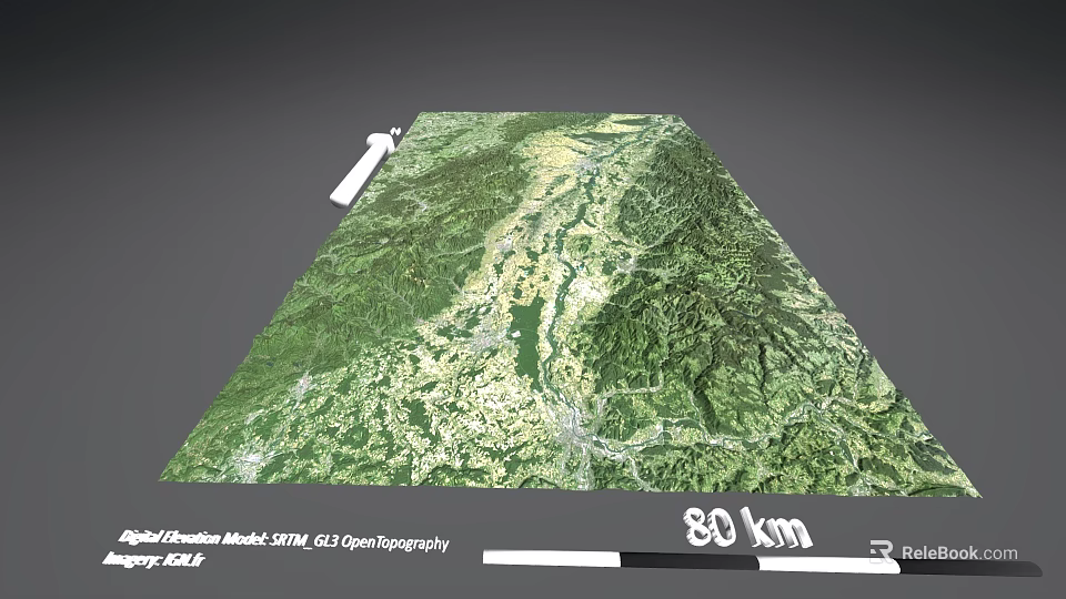 Detailed Mountainous Terrain Model With STRM 30m OpenTopography Data And 80 km Scale 3d model 