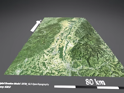 Detailed Mountainous Terrain Model With STRM 30m OpenTopography Data And 80 km Scale 3d model