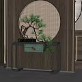 Chinese Style Console Table With Circular Lattice Decoration And Small Pine Plant 3d model