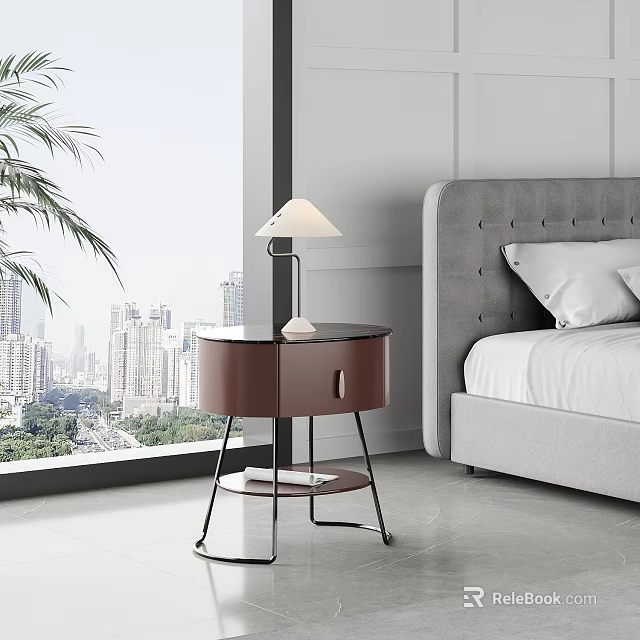 Modern Bedside Table With Brown Cabinet Metal Frame Table Lamp And Gray Upholstered Bed 3d model 