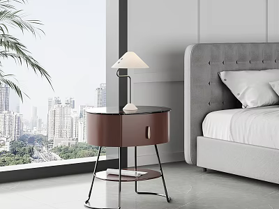Modern Bedside Table With Brown Cabinet Metal Frame Table Lamp And Gray Upholstered Bed 3d model