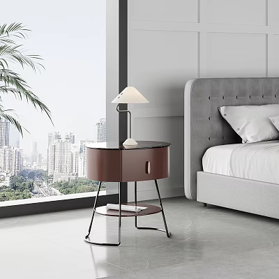 Modern Bedside Table With Brown Cabinet Metal Frame Table Lamp And Gray Upholstered Bed 3d model