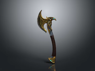 Golden Eagle Head Axe With Brown Leather Handle And Decorative Gem 3d model