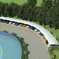 Parking Lot With Canopy Shelters Neatly Arranged Cars Green Trees And Paved Surface