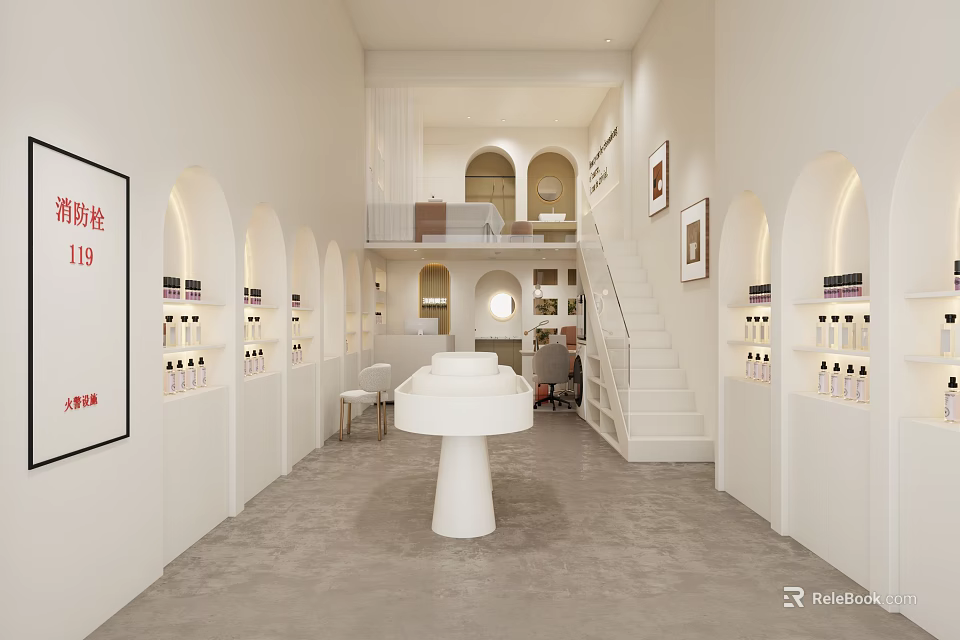 Minimalist Beauty Hair Salon Interior Design Featuring White Decor Arched Doorways Display Shelves And Artwork 3d model 