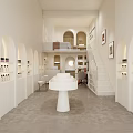 Minimalist Beauty Hair Salon Interior Design Featuring White Decor Arched Doorways Display Shelves And Artwork