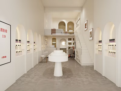 Minimalist Beauty Hair Salon Interior Design Featuring White Decor Arched Doorways Display Shelves And Artwork 3d model