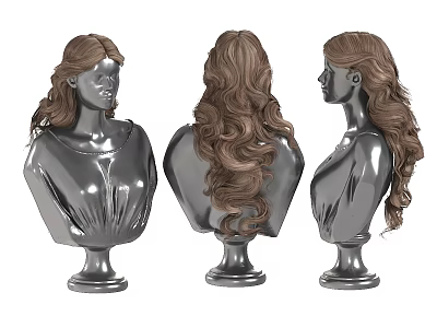 Silver Mannequin Busts Showcasing Long Brown Curly Hair Three Angle Views 3d model