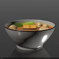 Delicious Red Broth Soup in White Bowl with Tofu Meatballs and Green Vegetables