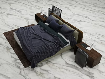 Modern Double Bed With Dark Striped Bedding Pillows Wooden Headboard Bedside Tables And Marble Floor 3d model