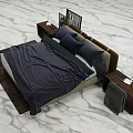 Modern Double Bed With Dark Striped Bedding Pillows Wooden Headboard Bedside Tables And Marble Floor