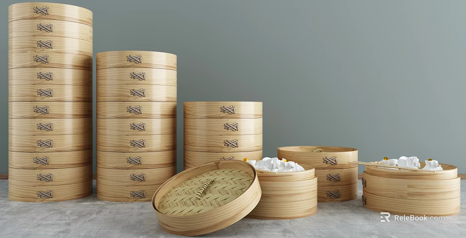 Bamboo Steamers as Essential Kitchen Cookware with Stacked Design and Open Lid Showing Food 3d model 