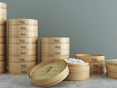 Bamboo Steamers as Essential Kitchen Cookware with Stacked Design and Open Lid Showing Food 3d model