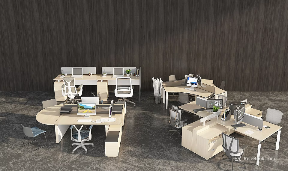 Modern Office Desk Workspace With Multiple Workstations Computers And Green Plants 3d model
