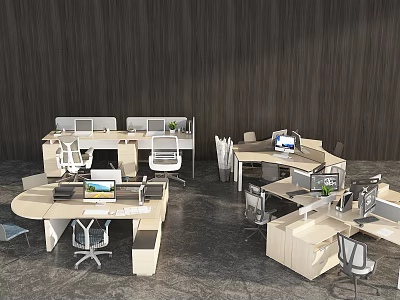 Modern Office Desk Workspace With Multiple Workstations Computers And Green Plants 3d model