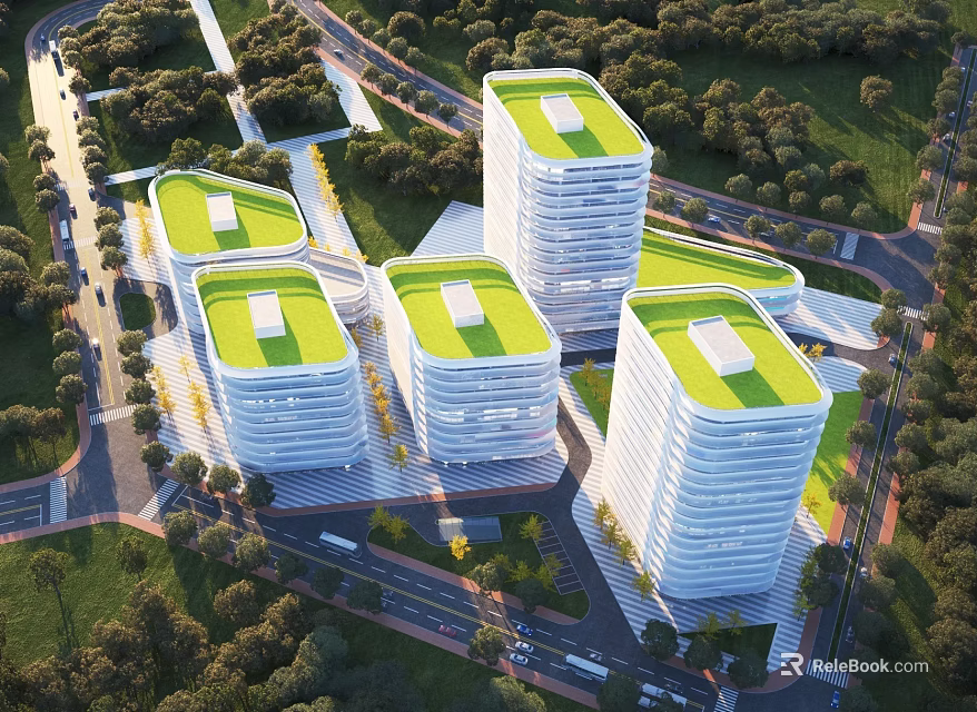 Aerial View Planning of Modern High Rise Buildings With Green Roofs And Surrounding Trees 3d model 