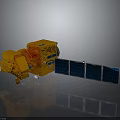 Advanced Satellite Equipment With Gold Red Structure And Blue Solar Panels