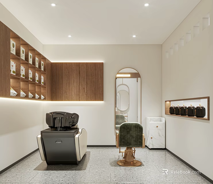Modern Minimalist SPA Sauna Interior With Light Tones Wooden Shelves Equipment Green Chair Gray Tiles 3d model 