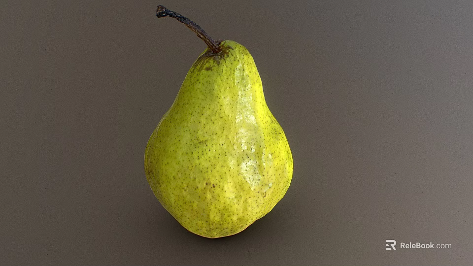 Fresh Yellowish Green Pear with Speckled Skin and Brown Stem on Brown Background 3d model 