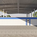 Industrial Factory Building With Covered Structure Blue Walls White Doors And Open Area