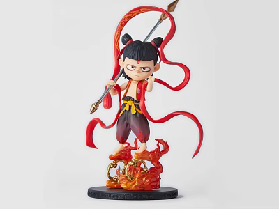 Detailed Sculpture Carving Figurine With Red Ribbons Standing On Flame Base And Spear 3d model