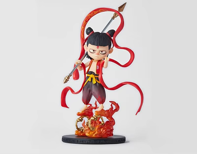 Detailed Sculpture Carving Figurine With Red Ribbons Standing On Flame Base And Spear 3d model