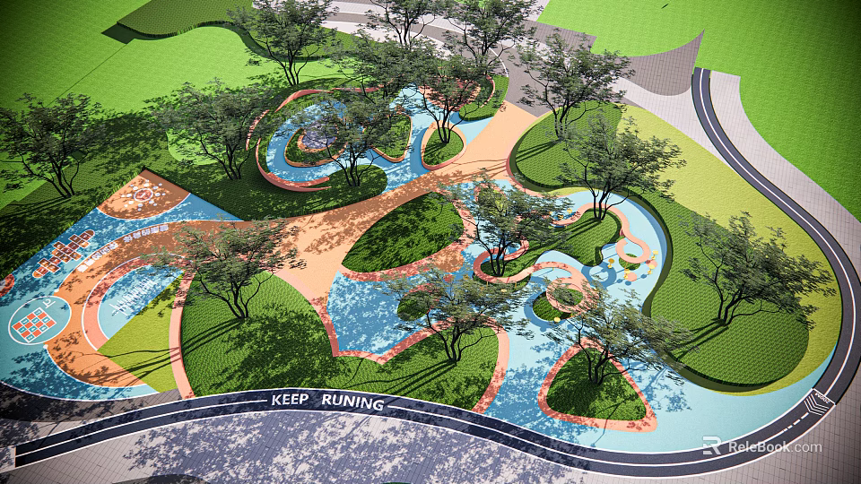 Colorful Children's Play Area With Curved Water Features And Shaded Trees 3d model 