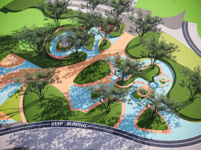 Colorful Children's Play Area With Curved Water Features And Shaded Trees 3d model