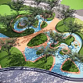 Colorful Children's Play Area With Curved Water Features And Shaded Trees