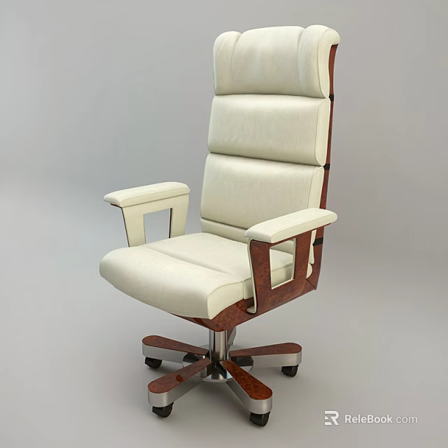 Cream Upholstered High Back Office Chair With Wooden Armrests And Swivel Base 3d model 