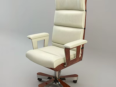 Cream Upholstered High Back Office Chair With Wooden Armrests And Swivel Base 3d model