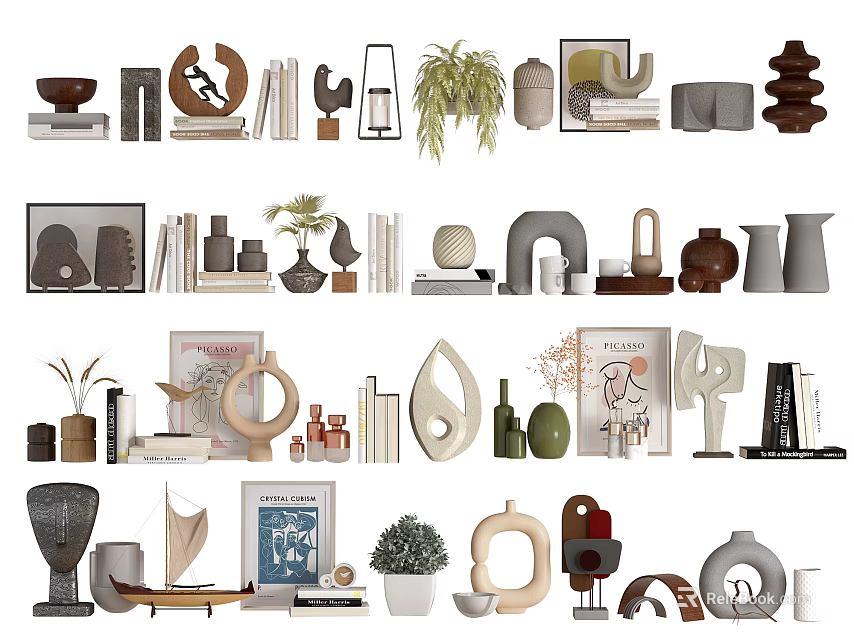 Modern Decorative Ornament Sets with Vases Sculptures Plants Frames and Books 3d model 
