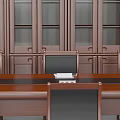 Wooden Conference Table with Black Leather Chairs and Glass Door Wooden Cabinet in Office Setting