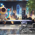 Modern Clubhouse Interior Featuring Cartoon Doll City Night Light Wall Marble Floor And Plant Decorations