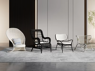 Different Styles Modern Leisure Chairs With Rattan Metal Frame On Textured Rug 3d model