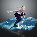Blonde Female Game Movie Character Crouching On Ice With Splashing Shards And Cracked Surface Patterns