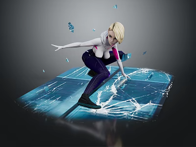 Blonde Female Game Movie Character Crouching On Ice With Splashing Shards And Cracked Surface Patterns 3d model
