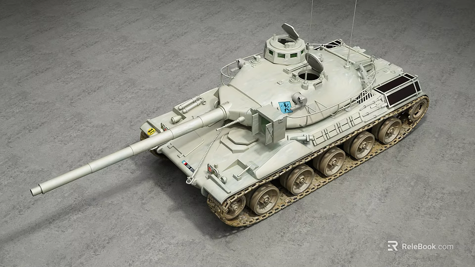 Armored Military Tank With Long Cannon Turret And Metal Tracks On Gray Ground 3d model 
