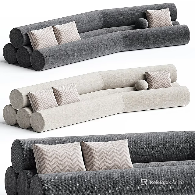 Modern Curved Sectional Sofa With Gray Beige Upholstery And Chevron Pattern Pillows 3d model