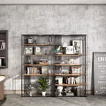 Modern Metal And Wooden Display Shelf With Books Decorations Photo Frames And Green Plants
