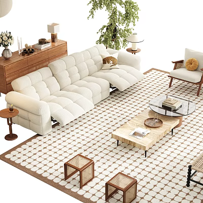 Cozy Casual Sofa Set with Plush Cushions Armchair Coffee Table on Patterned Living Room Rug 3d model