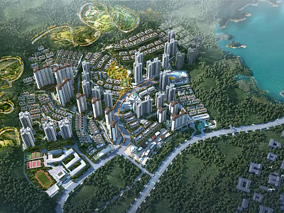 Aerial Planning of Modern Urban Community with High Rise Buildings Green Spaces and Water Area 3d model