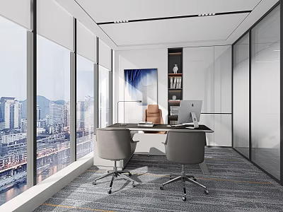 Modern Office Interior Design With Large Windows City View Desk And Comfortable Chairs 3d model