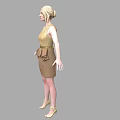 Woman Standing In Sleeveless Beige Top And Brown Pleated Skirt With High Heels