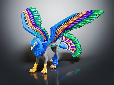 Colorful Mythical Creature Statue With Blue Body Green Purple Feathers And Vibrant Wings 3d model