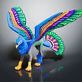 Colorful Mythical Creature Statue With Blue Body Green Purple Feathers And Vibrant Wings