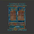 Vintage Blue Wooden Cabinet With Carved Details And Glass Doors