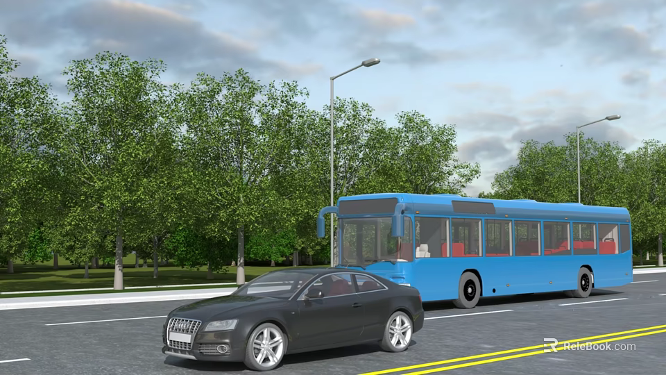 Black Car And Blue Bus On Road With Trees 3d model 