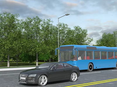 Black Car And Blue Bus On Road With Trees 3d model